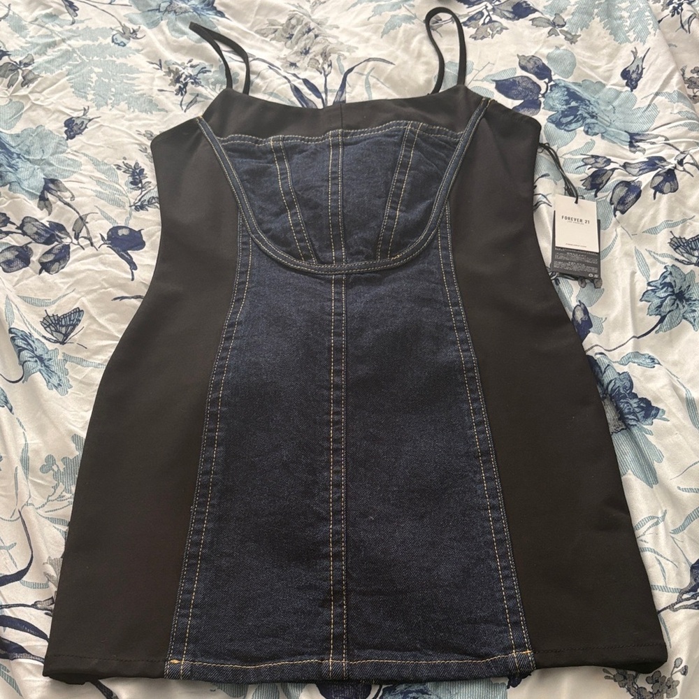 Forever 21 Black and Dark Blue Denim-Panel Mini Dress